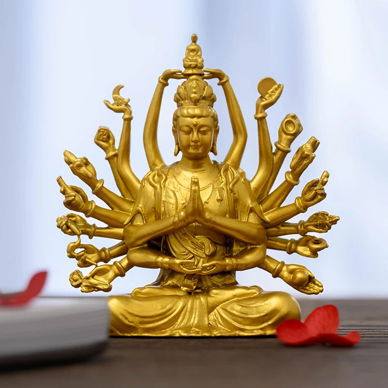 SIMPLE PRACTICE Golden Thousand-Hand Guanyin Statue - Feng Shui Buddhist Figurine for Home & Meditation