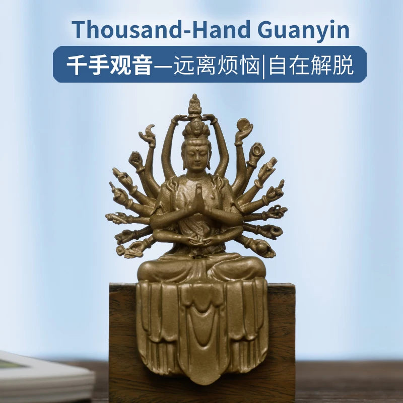 SIMPLE PRACTICE Mini Thousand-Hand Guanyin Statue - Small Brass Buddhist Amulet for Travel & Protection