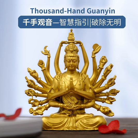 SIMPLE PRACTICE Golden Thousand-Hand Guanyin Statue - Feng Shui Buddhist Figurine for Home & Meditation