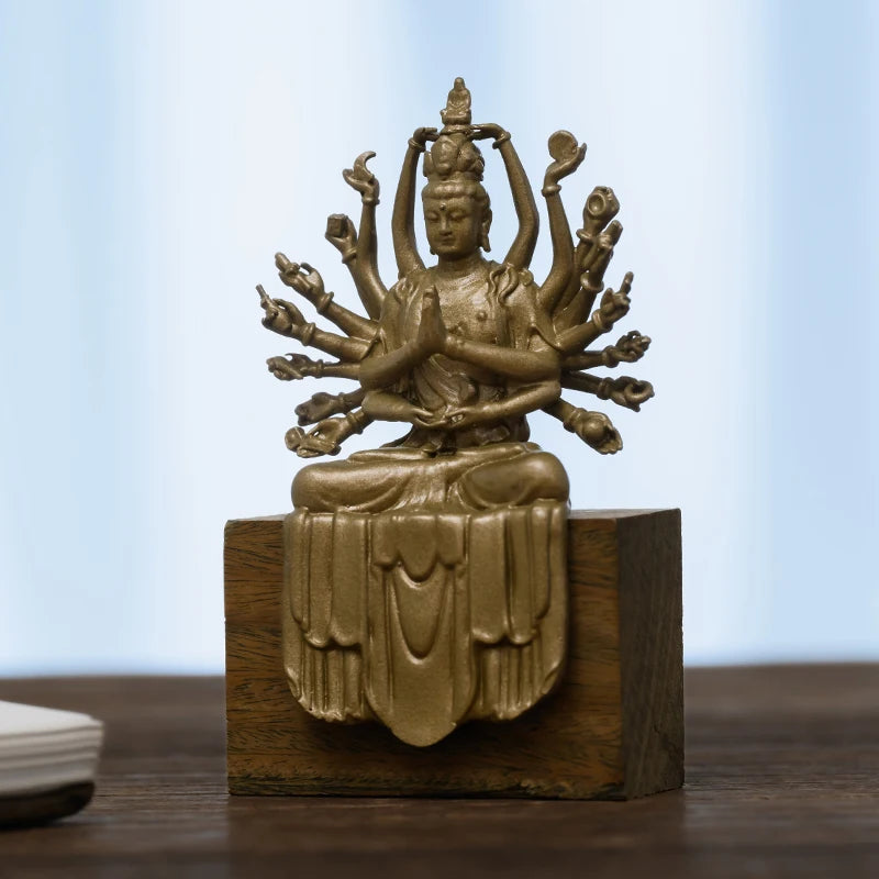 SIMPLE PRACTICE Mini Thousand-Hand Guanyin Statue - Small Brass Buddhist Amulet for Travel & Protection