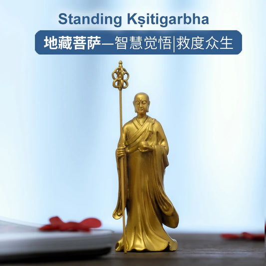 SIMPLE PRACTICE Gold Kṣitigarbha Bodhisattva Standing Statue for Home & Gift