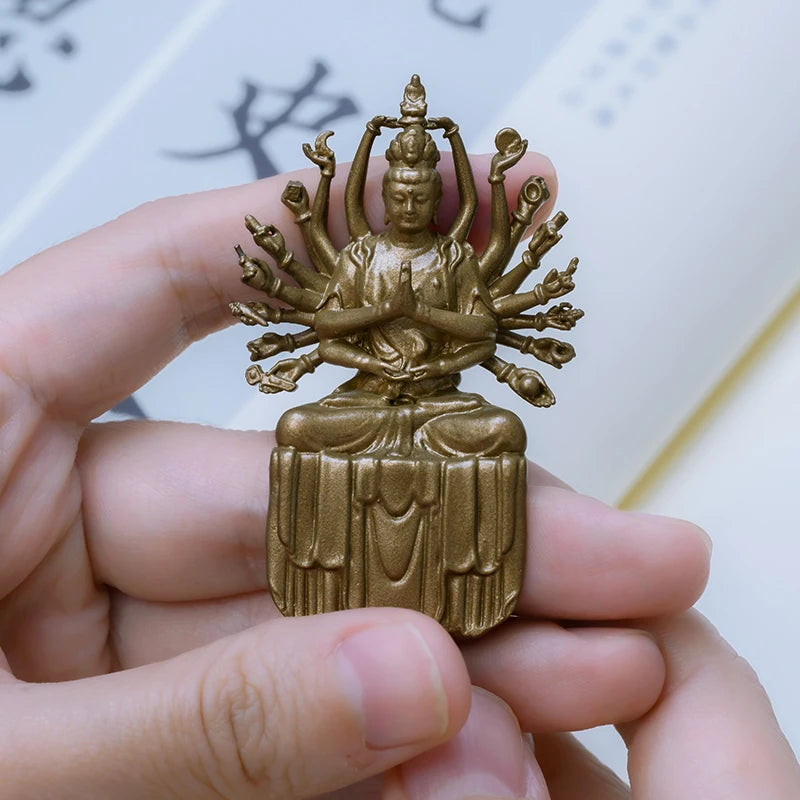 SIMPLE PRACTICE Mini Thousand-Hand Guanyin Statue - Small Brass Buddhist Amulet for Travel & Protection